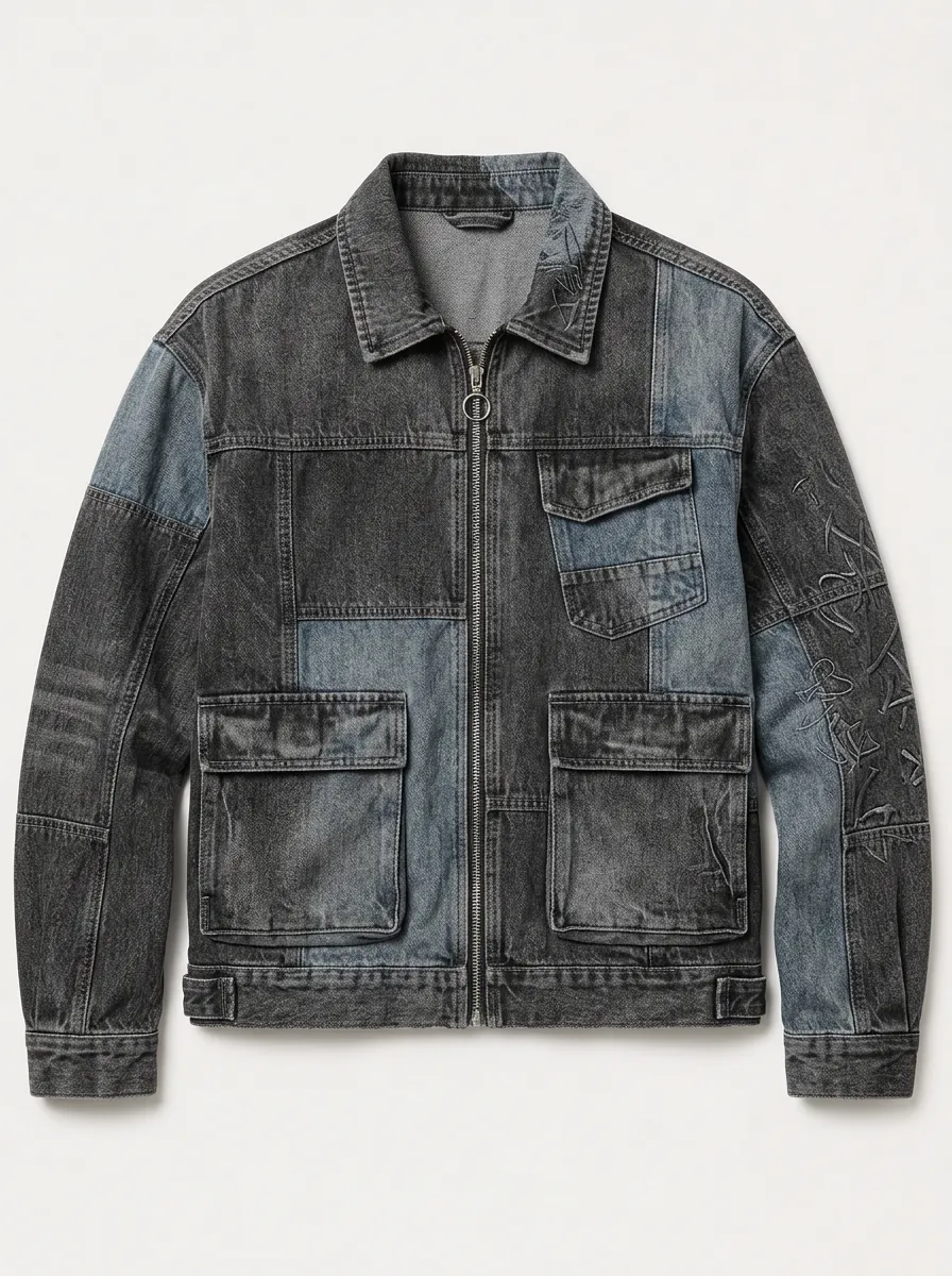Men's Streetwear Patchwork Embroidered Washed Denim Jacket
