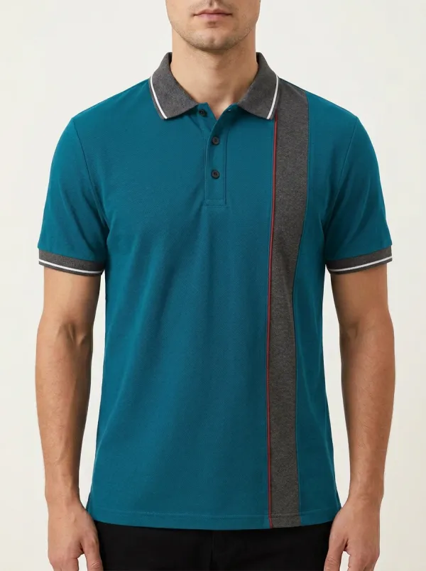Men's Casual Business Contrast Striped Panel Printed Polo Shirt