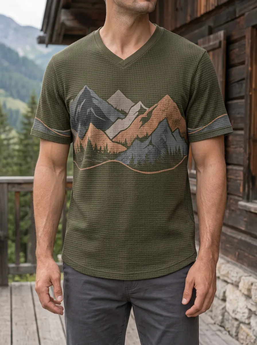 Men's Outdoor Adventure Mountain Forest Printed V-Neck T-Shirt