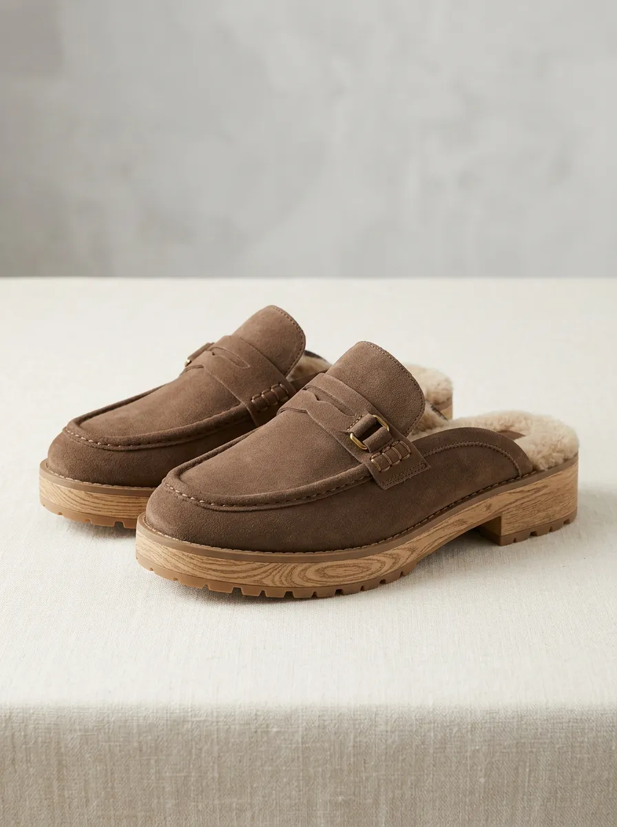 Women's Classic Faux Fur Lined Casual Suede Wood Sole Loafers