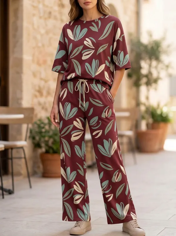 Women's Botanical Leaf Print Drop-Shoulder T-Shirt And Drawstring Wide-Leg Trouser Lounge Set