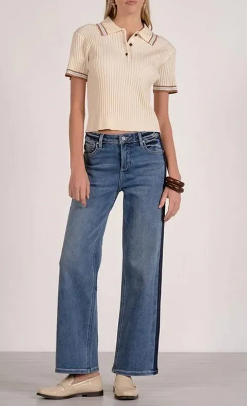 Beige Ribbed Knit Polo Short Sleeve Top