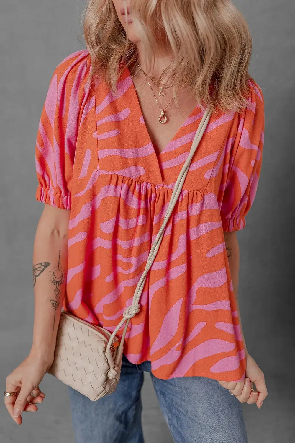 V-Neck Half-Sleeve Zebra-Stripe Blouse