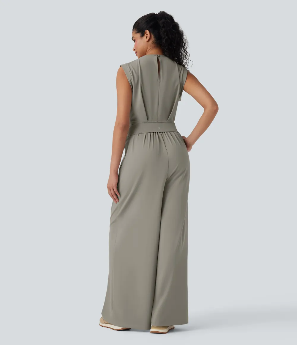 SoftlyZero QuickDry Round Neck Sleeveless Keyhole Pocket Yoga Jumpsuit-Easy Peezy Edition