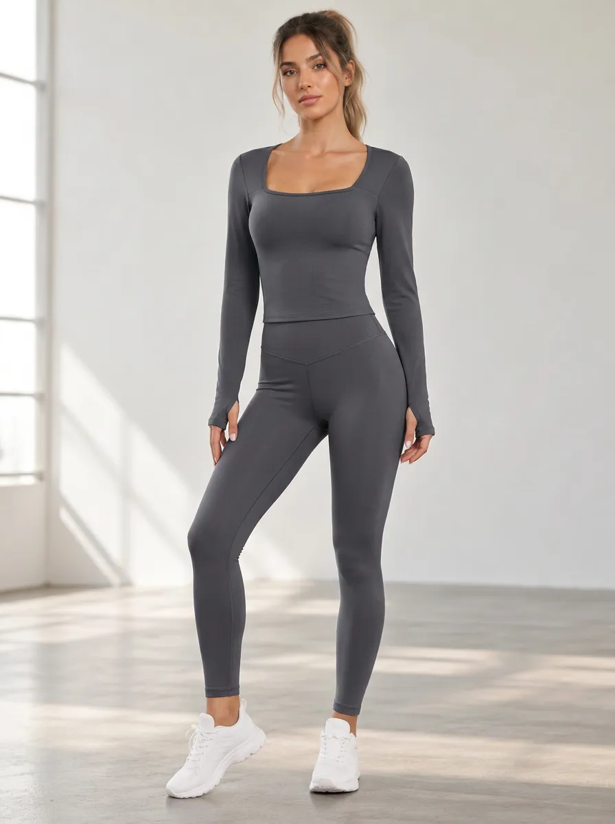 Women's Long Sleeve Square Neck Leggings Set