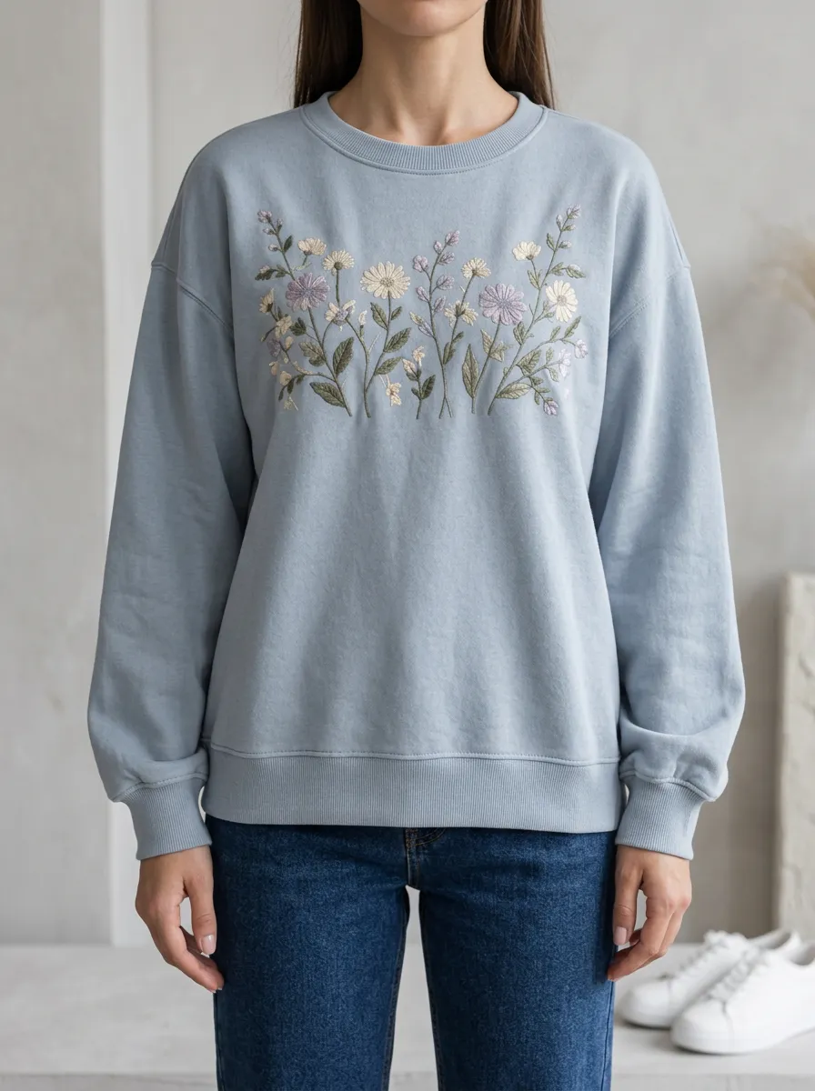 Women's Refined Embroidered Graphic Floral Crewneck Sweatshirt