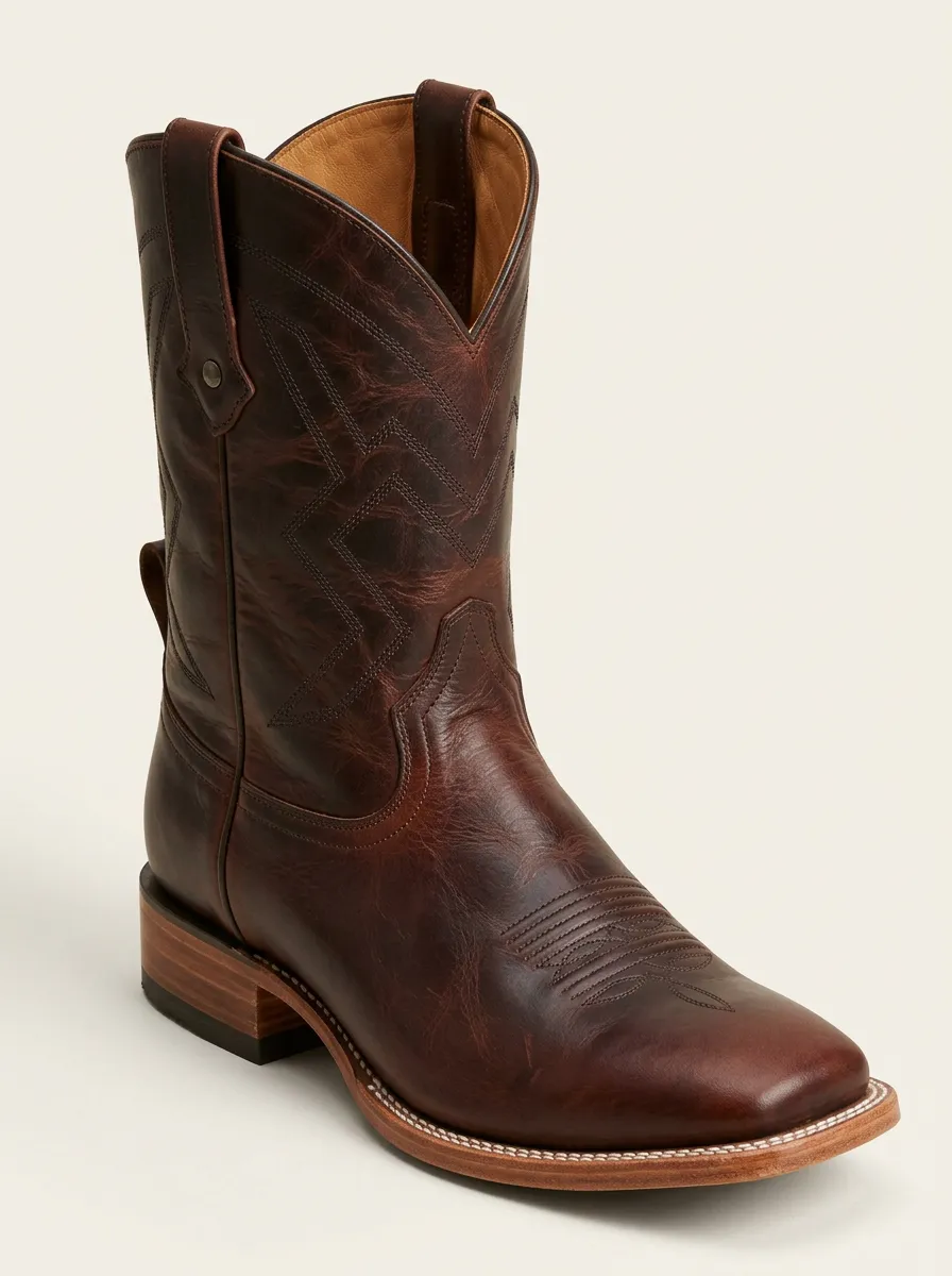 Men's Distressed Square-Toe Geometric-Stitch Western Boots