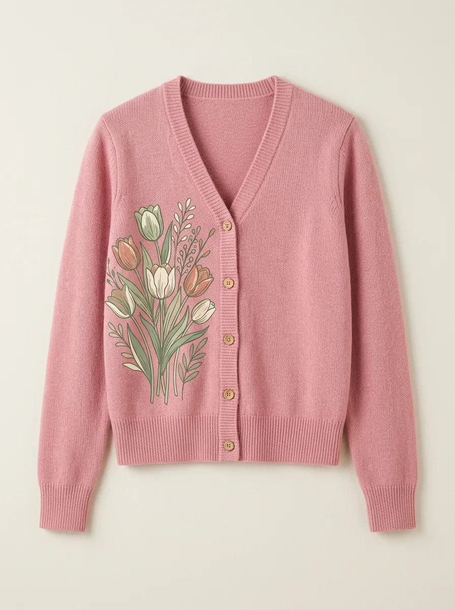Women's V-Neck Graphic Floral-Motif Rib-Trim Cardigan