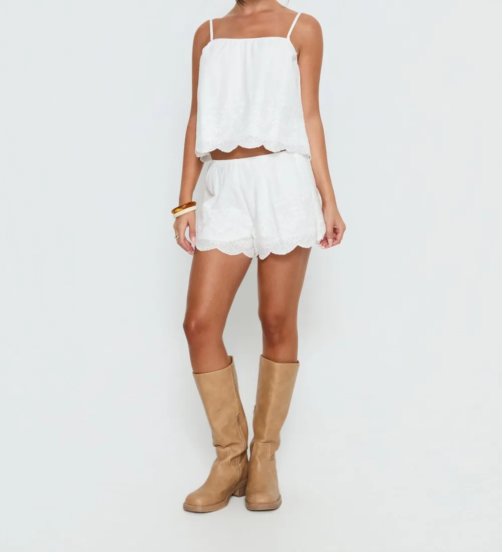 White Embroidered Scalloped Shorts