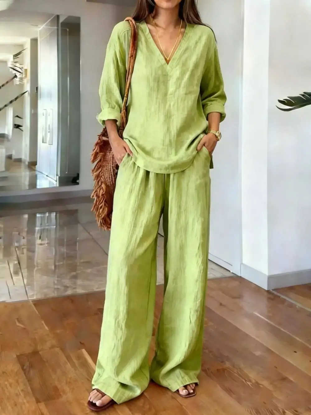V Neck Top and Wide Leg Pants Set