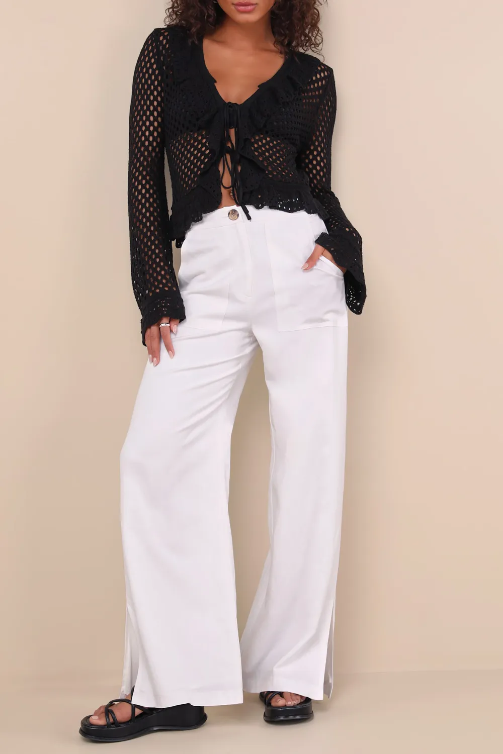 Cotton Knit Tie-Front Long Sleeve Top