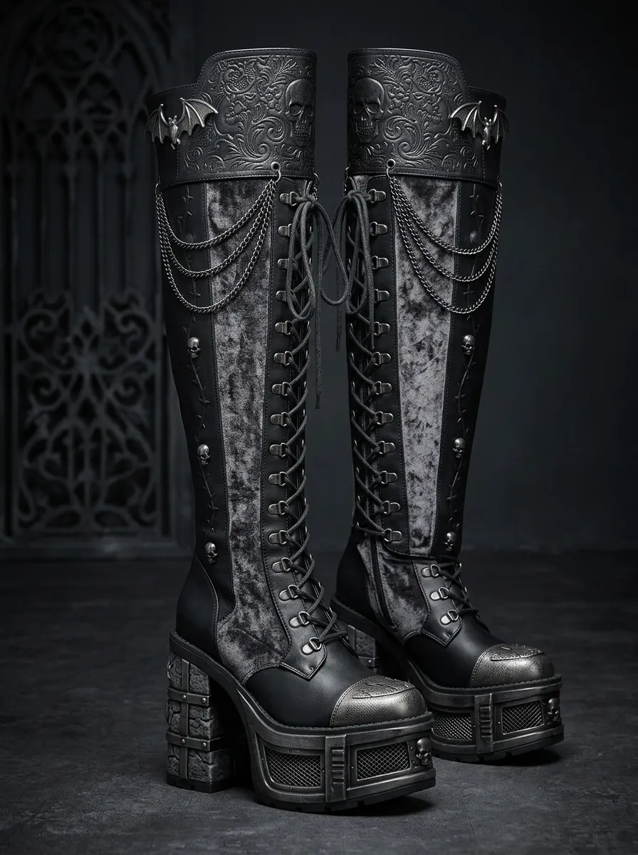 Gothic Revival Skull Bat Chain Silhouette Women's Gothic Platform Knee High Boots