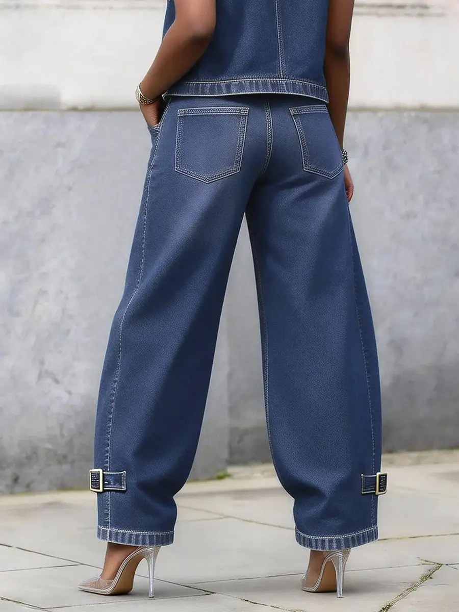 Minimal High Waist Wide Leg Buckle Detail Pocket Jeans