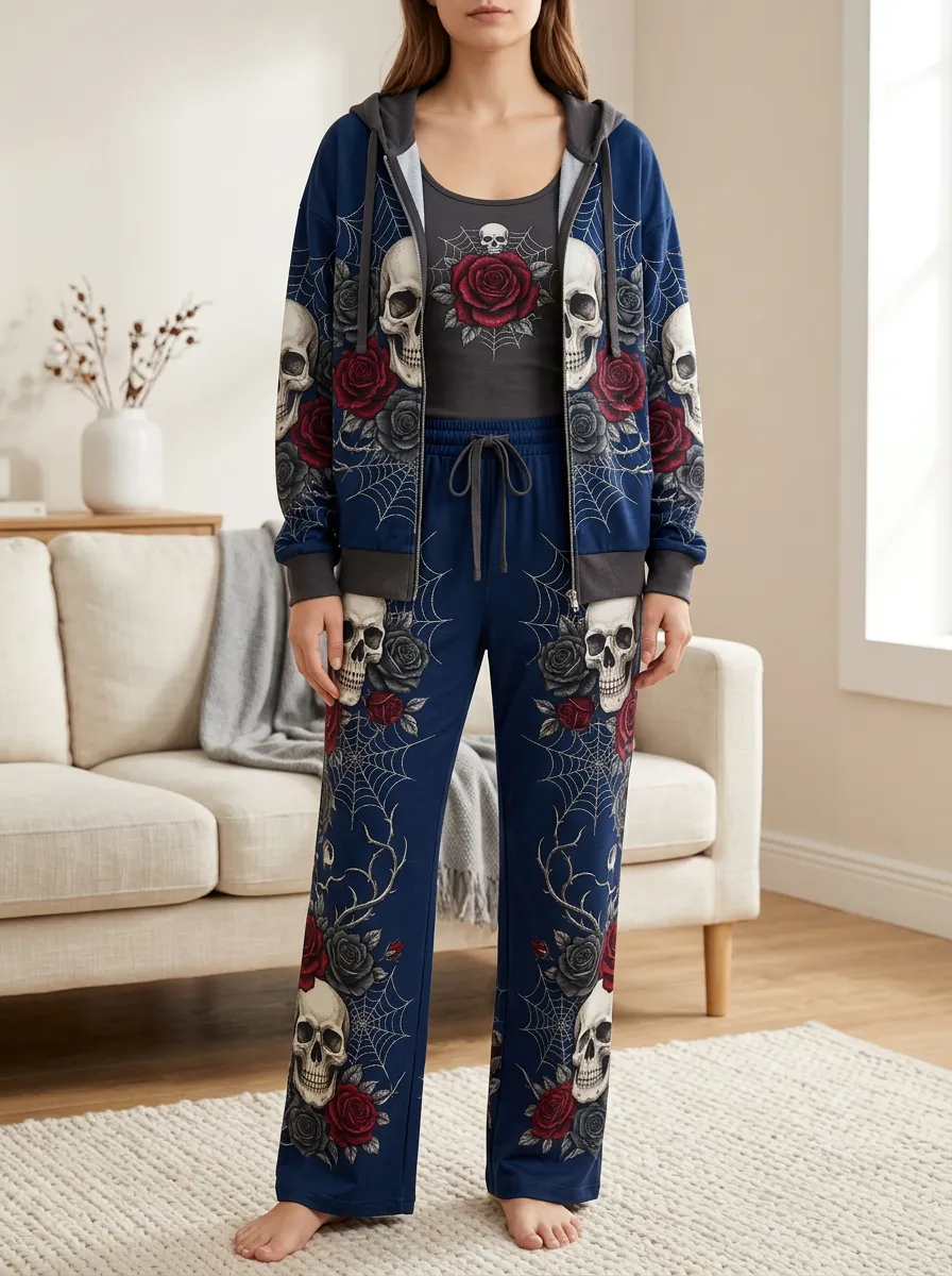 Women's Halloween Gothic Skull Rose Spiderweb Drawstring Jogger Lounge Set