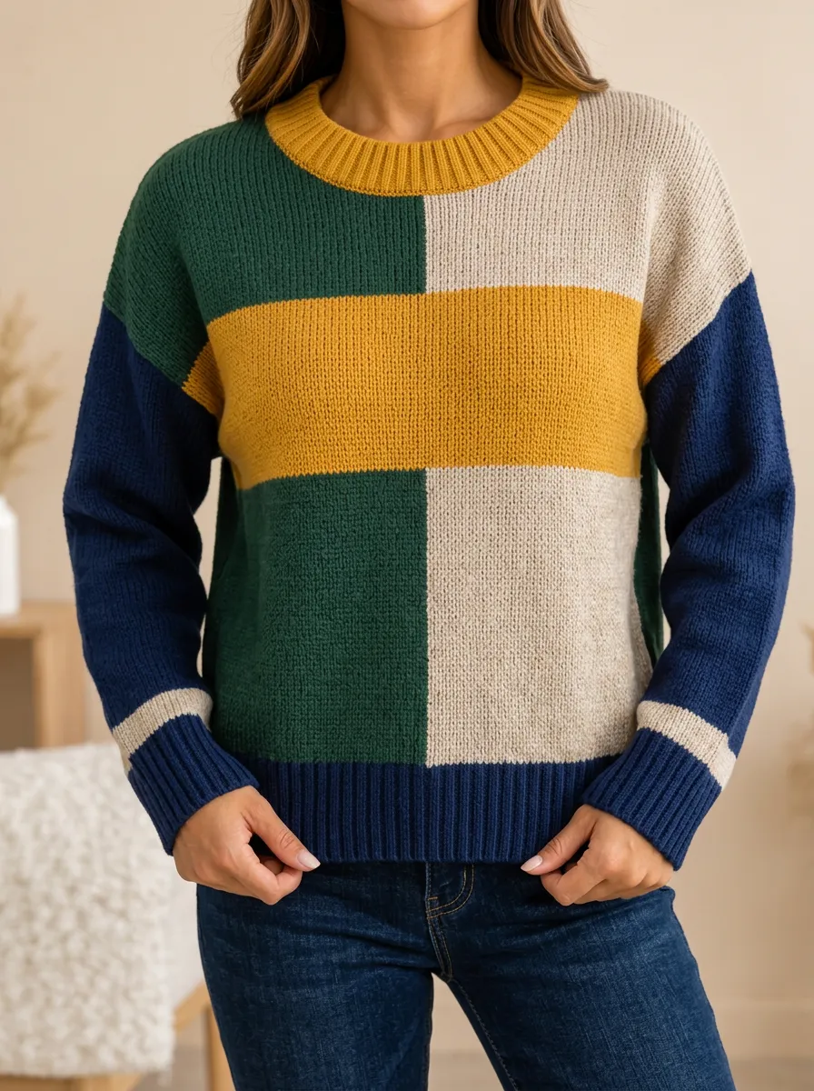 Round Neck Patchwork Soft Knit Knitted Top for Women