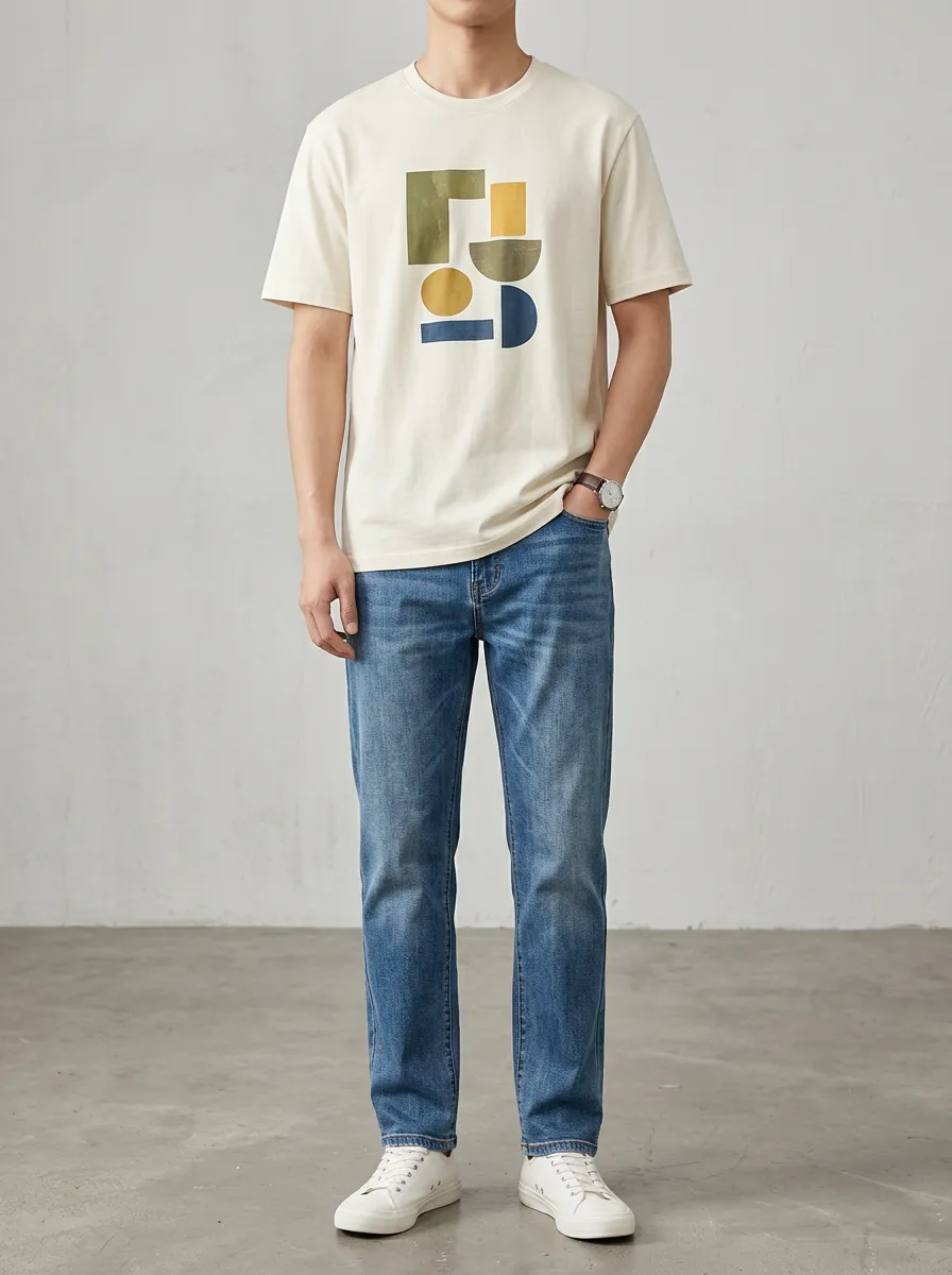 Men's Clean-Lined Geometric Abstract Art Printed T-Shirt and Jeans Set