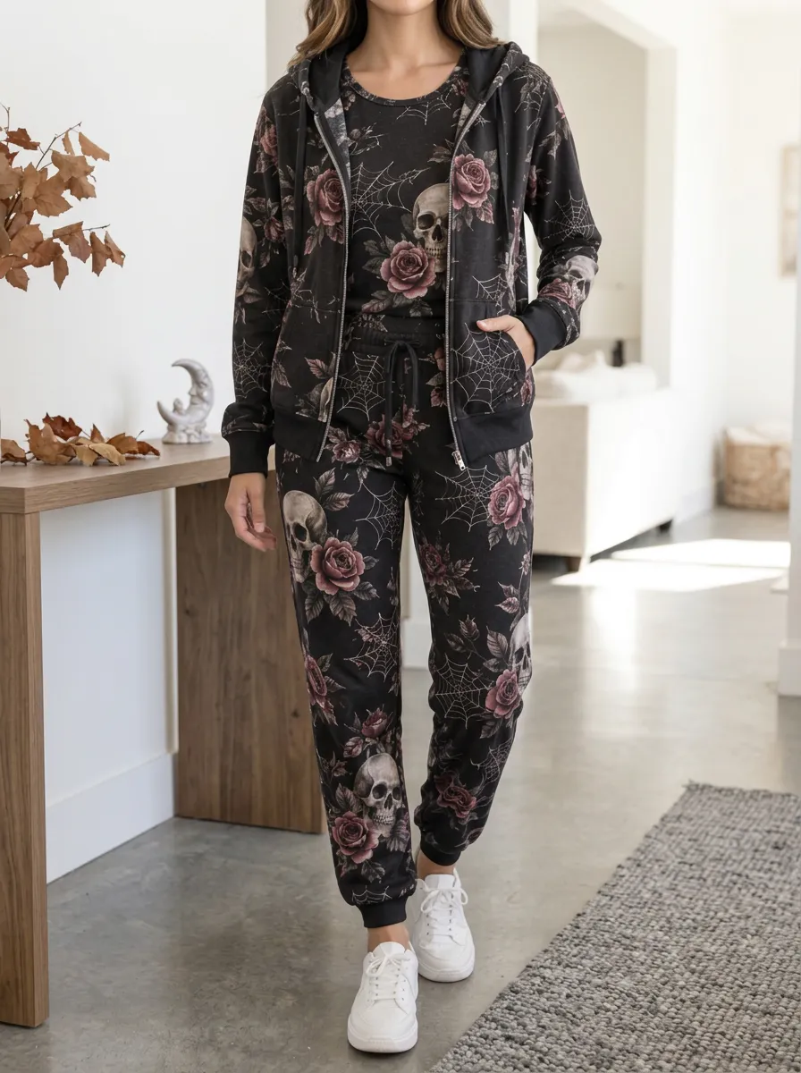 Women's Halloween Gothic Skull Rose Spiderweb Zip-Front Lounge Set