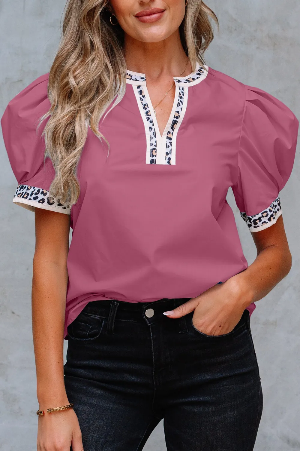 Leopard Print Puff Sleeve Split Neck Blouse