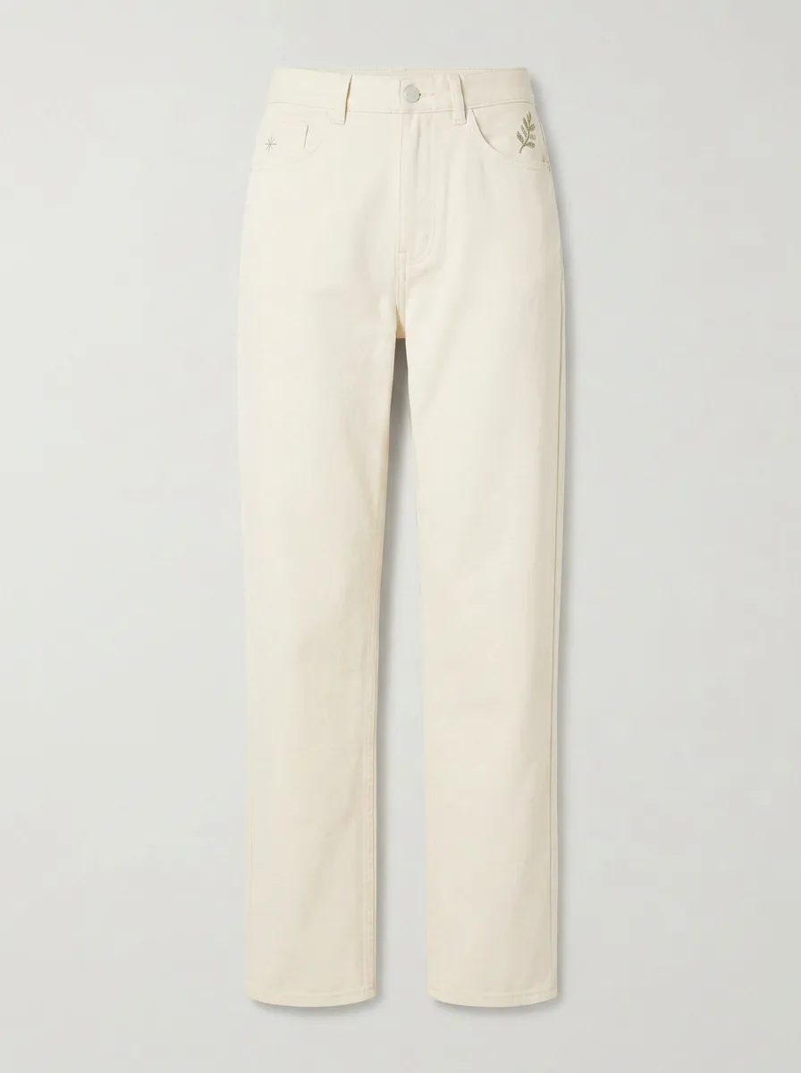 Women's Botanical Minimalist Leaf Embroidered Mid-Rise Straight Leg Pants