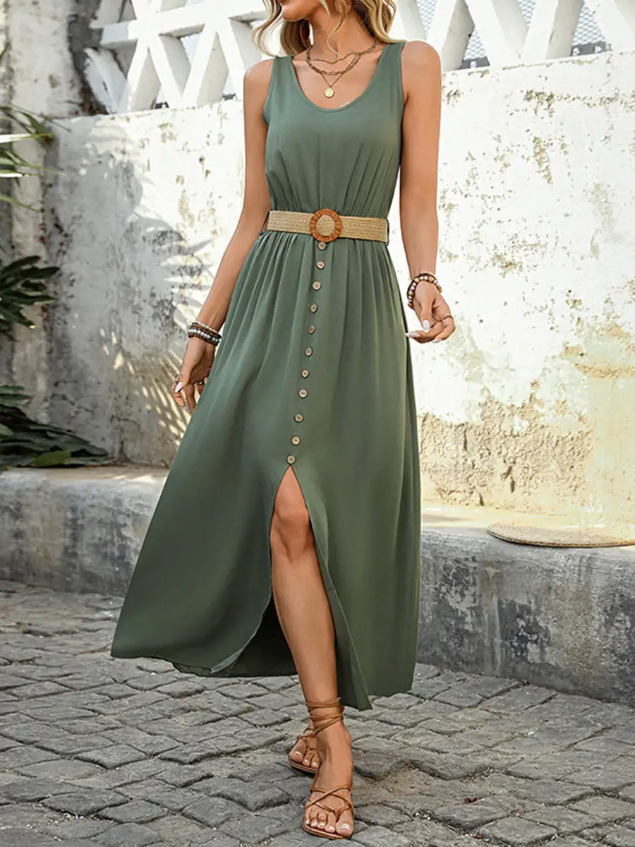 Pleated Buttoned Sleeveless Neck Maxi Dress