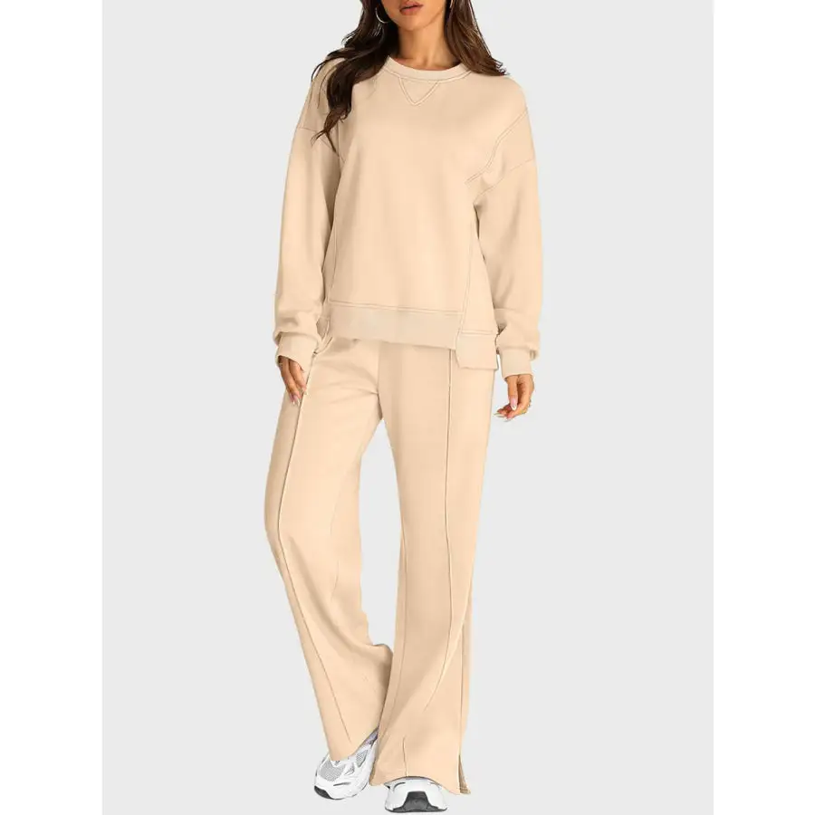 Round Neck Long Sleeve Top and Slit Pants Set