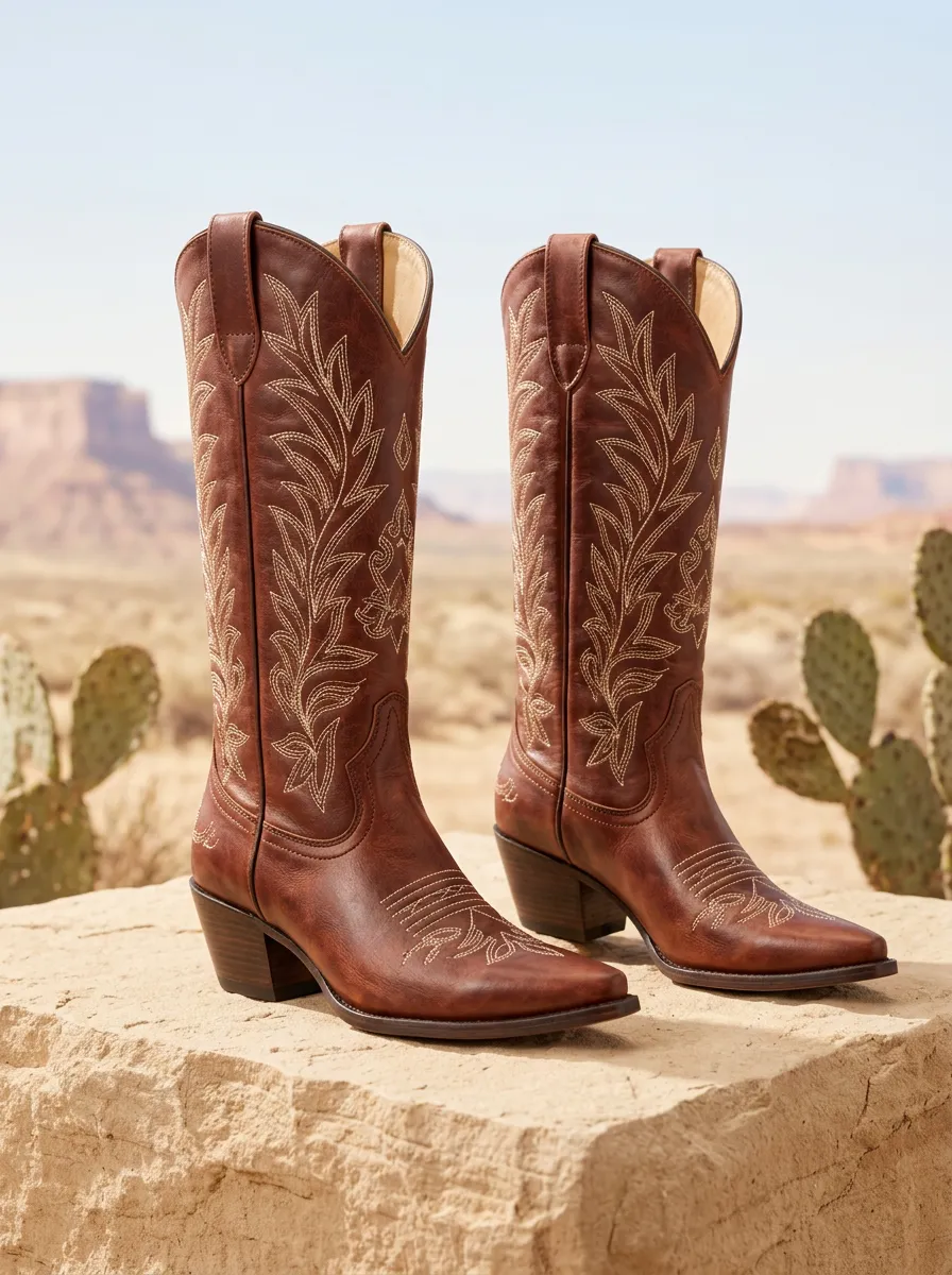 Women's Leaf Knee-High Pointed-Toe Stacked-Heel Pull-Tab Tonal-Embroidered Western Boots