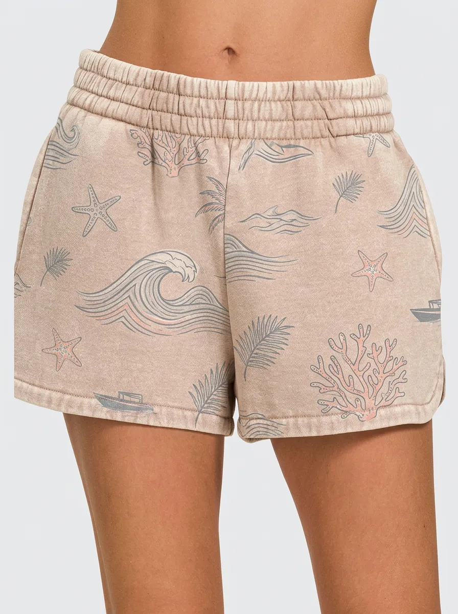 Women's Coastal Ocean Wave Starfish Coral Graphic Shorts
