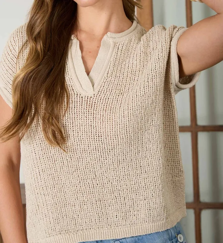 Split Neck Raw Edge Sheer Knit Top
