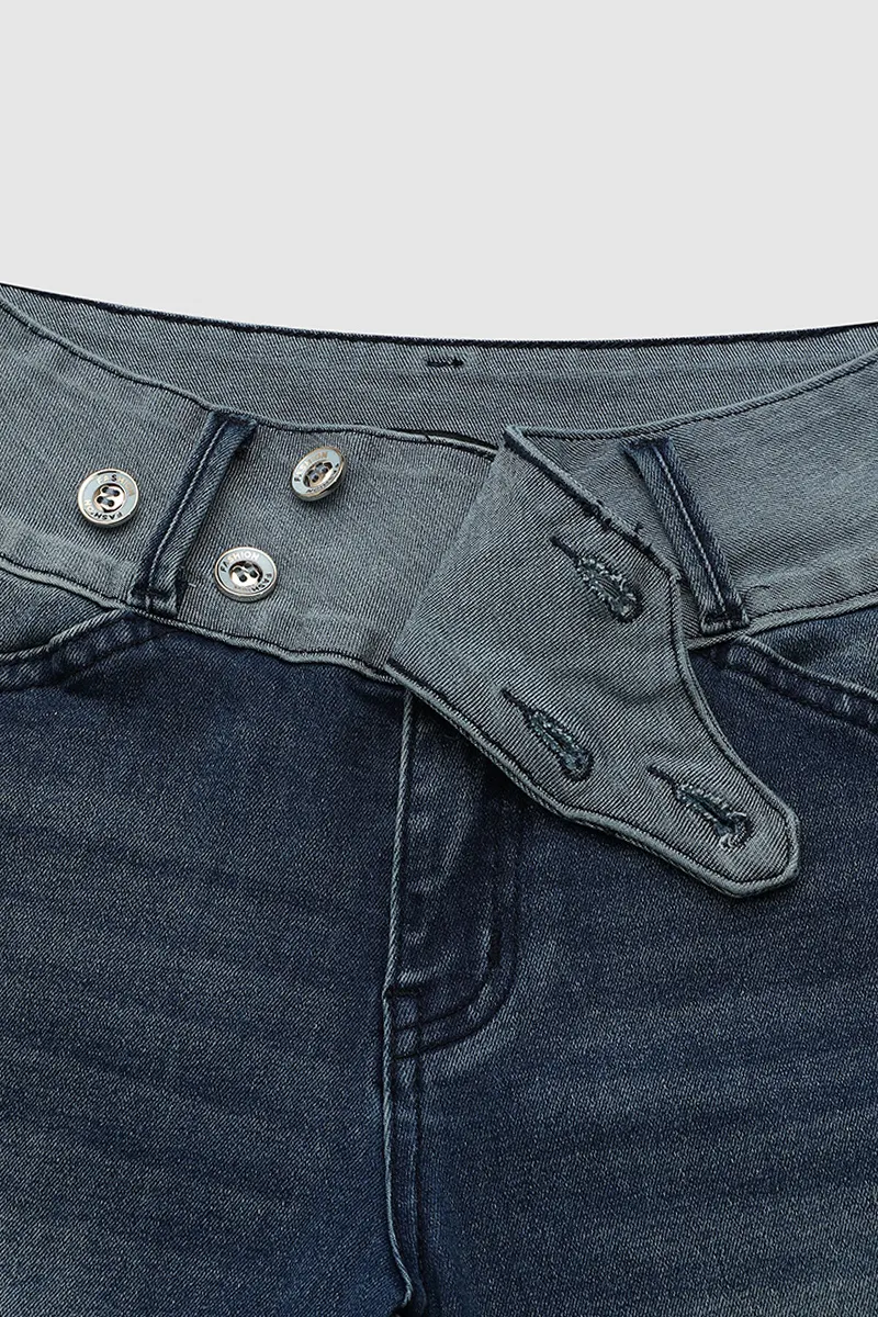 Two Tone Button Front Ripped Denim Bermuda Shorts