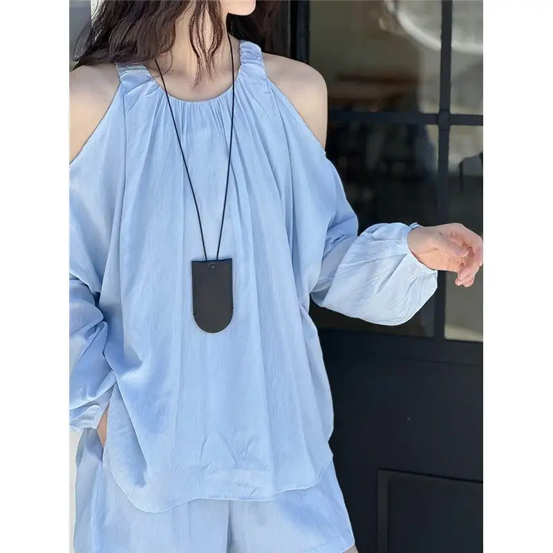 Drop Shoulder Long Sleeve Shirt A-Line Shorts Set
