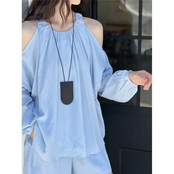 Drop Shoulder Long Sleeve Shirt A-Line Shorts Set
