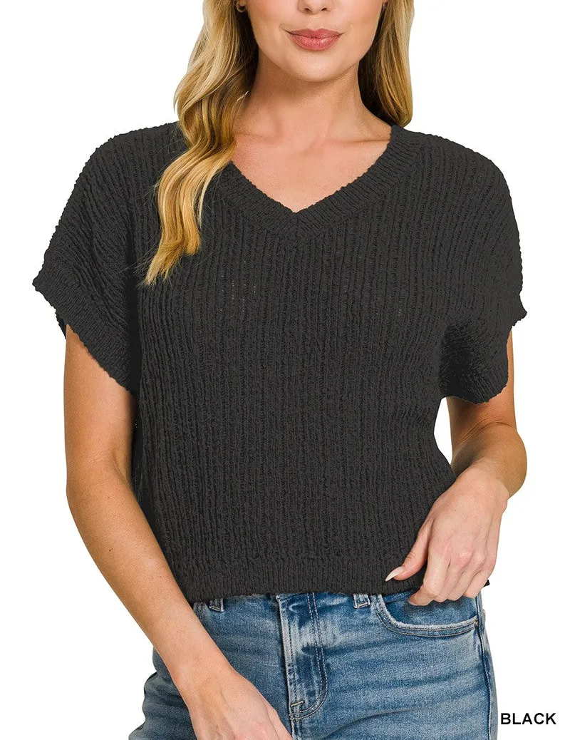 Modern V-Neck Textured Cropped Sweater