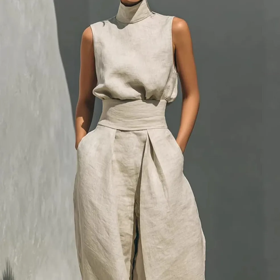 Classic Wide-Leg Sleeveless Linen Women's Matching Set