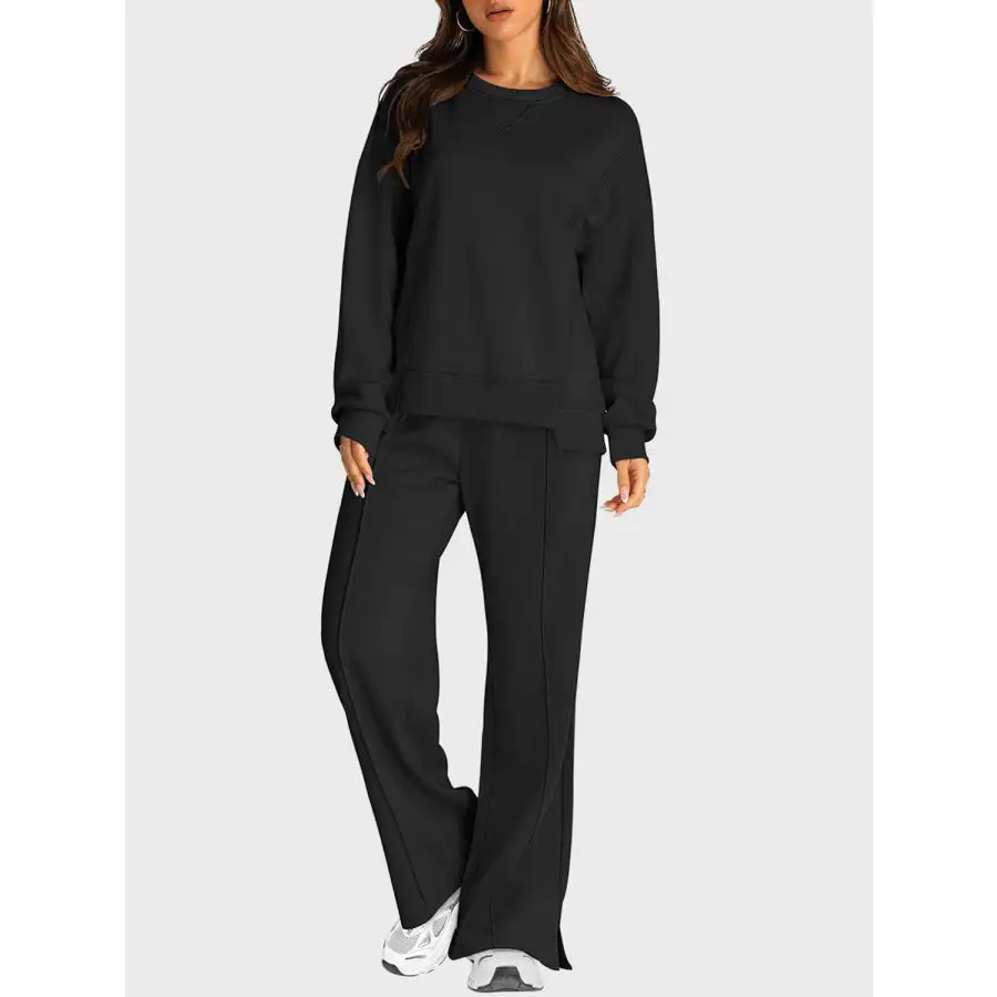 Round Neck Long Sleeve Top and Slit Pants Set