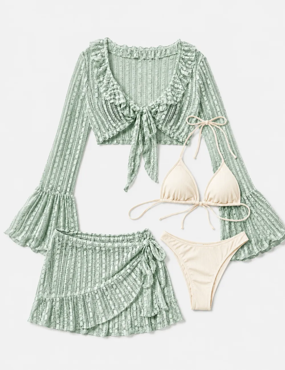 Solid Color Triangle Bikini Four Piece Set with Cover Up and Mini Skirt