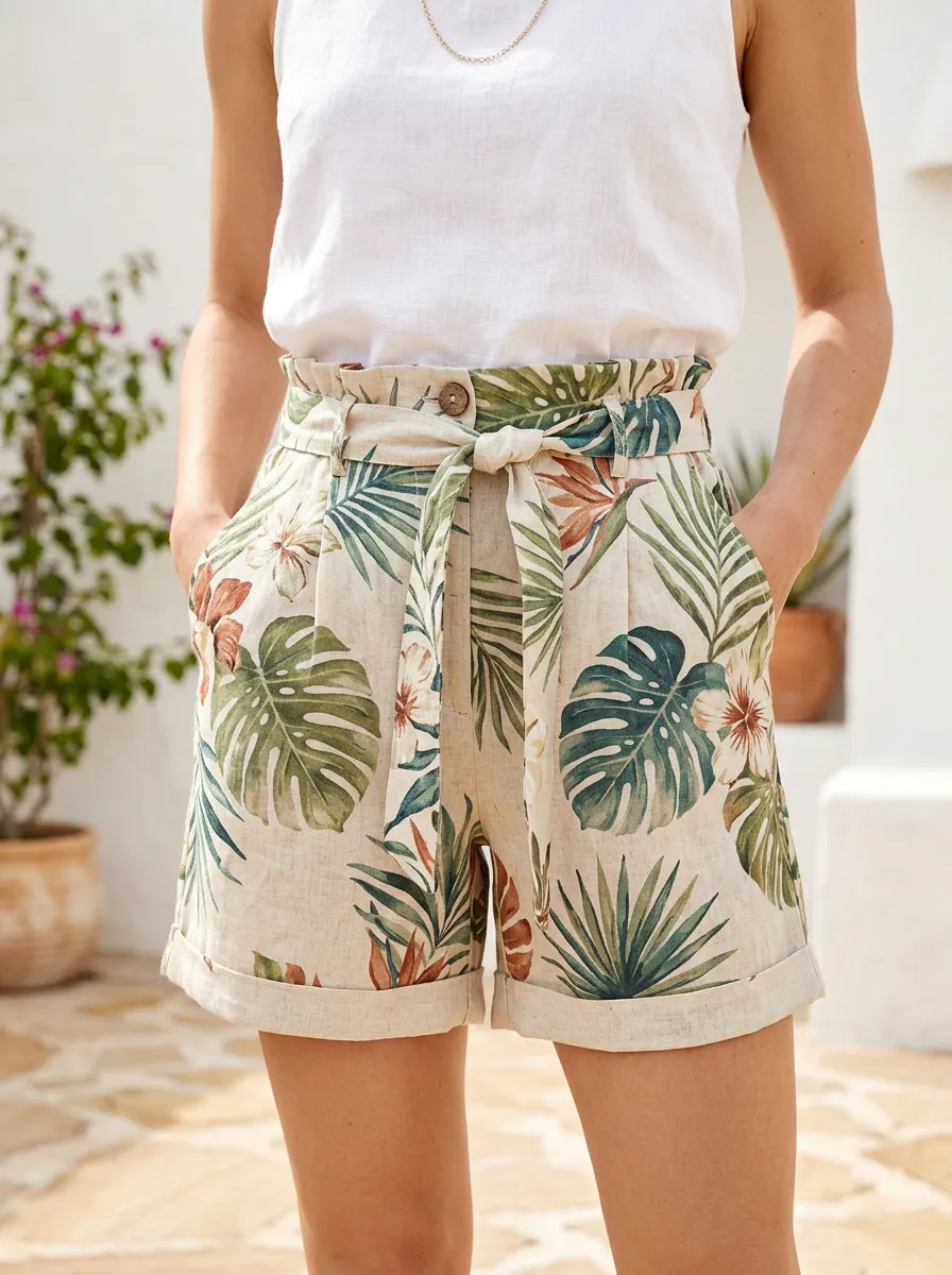 Women's Tropical Botanical Leaf Floral Printed Linen Shorts