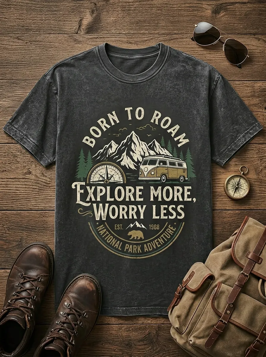 Unisex Outdoor Lover Mountain Van Compass Printed T-shirt