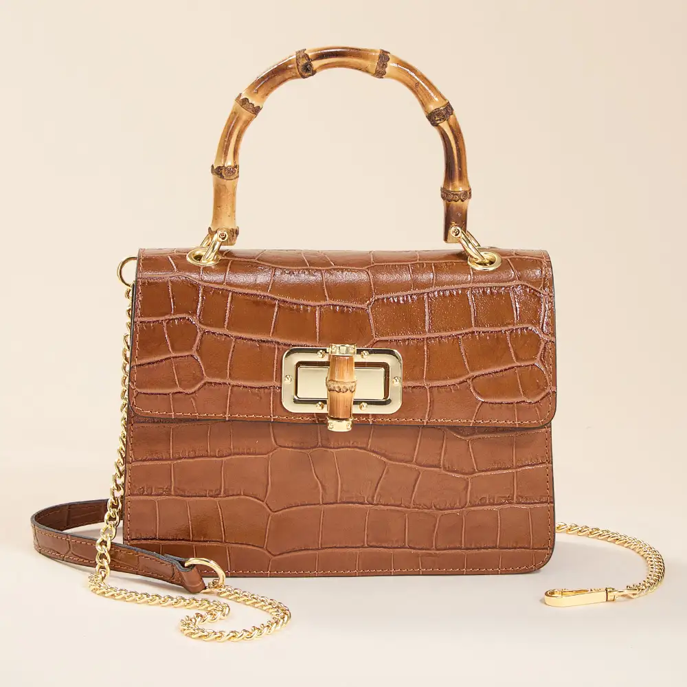 Leather Bamboo Croco Texture Satchel Bag