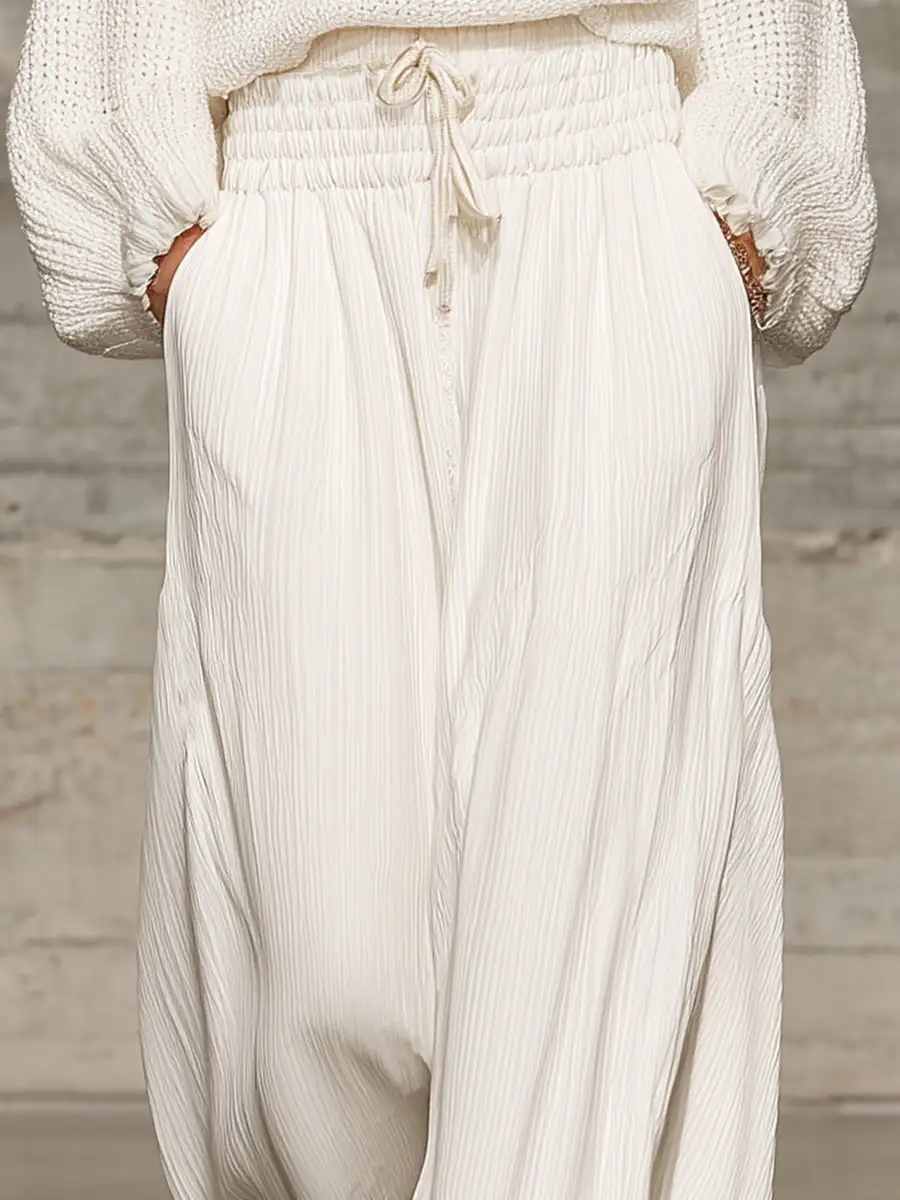 Elastic-Waist Wide-Leg Casual Pants