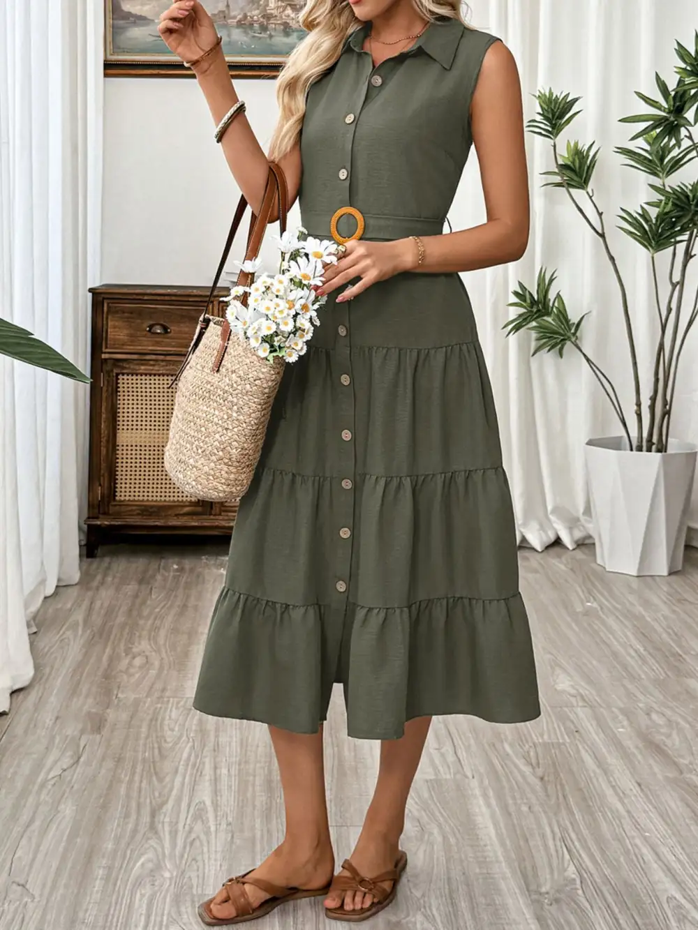 Button Front Tiered Sleeveless Midi Dress