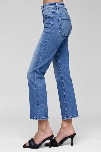 High-Rise Cropped Washed Pocketed Straight Leg Jeans