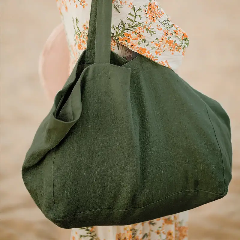 Large Pure Linen Beach Bag Solid Color Handbag Eco-Friendly
