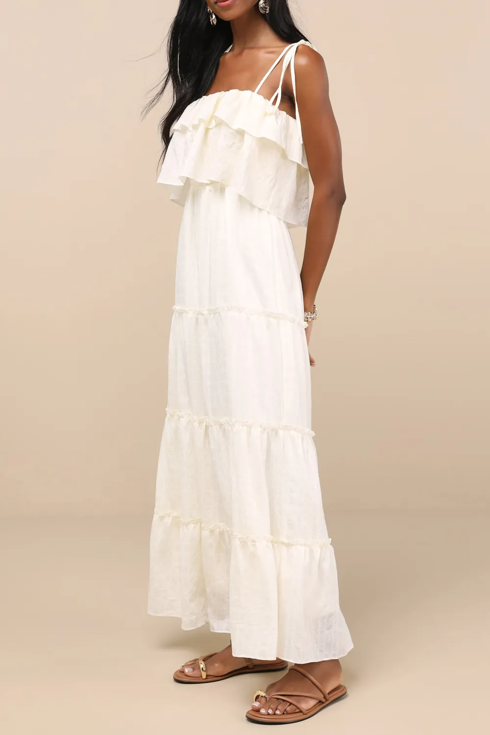 Casual Style Textured Tie-Strap Tiered Maxi Dress
