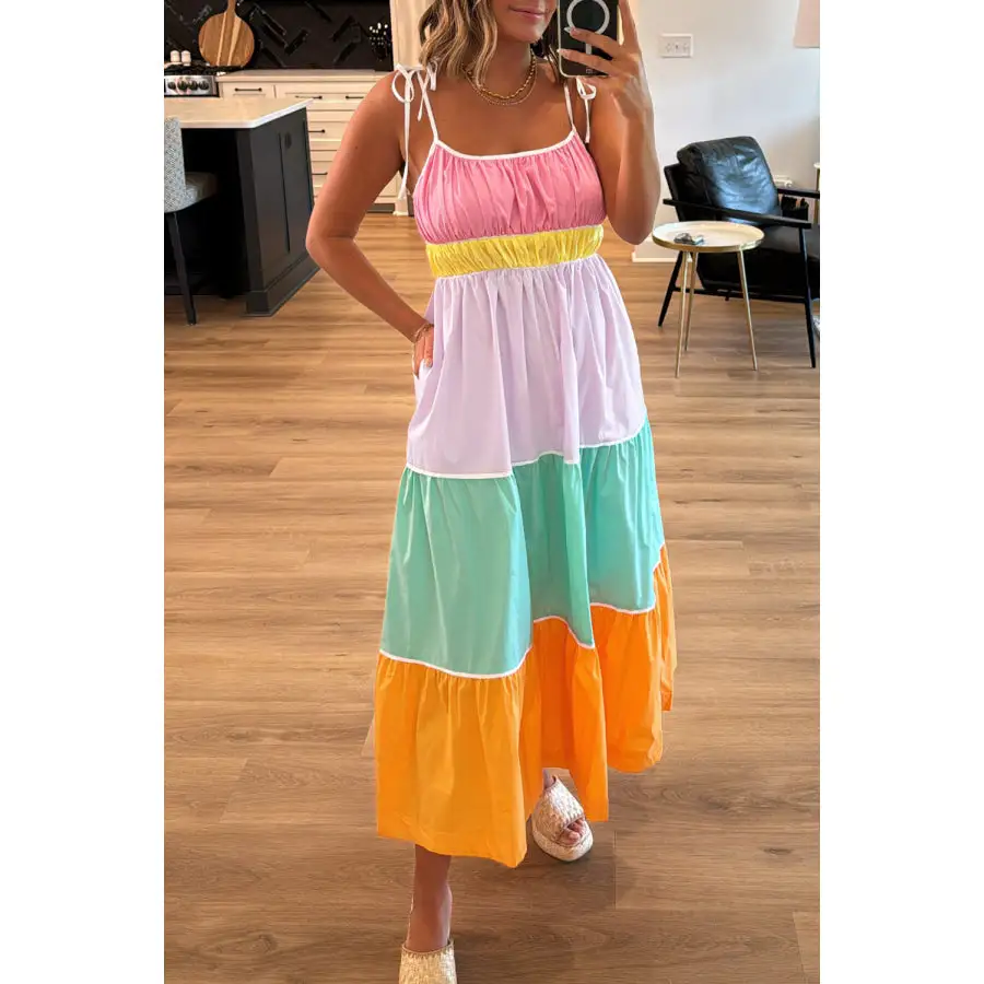 Multicolour Colorblock Self Tie Straps High Waist Flowy Maxi Dress with Pockets