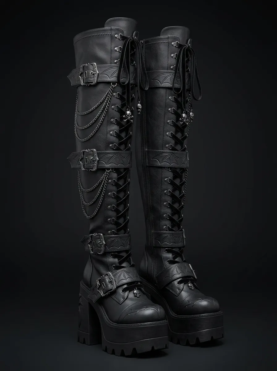 Gothic Revival Skull Bat Wing Profile Women's Gothic Platform Boots