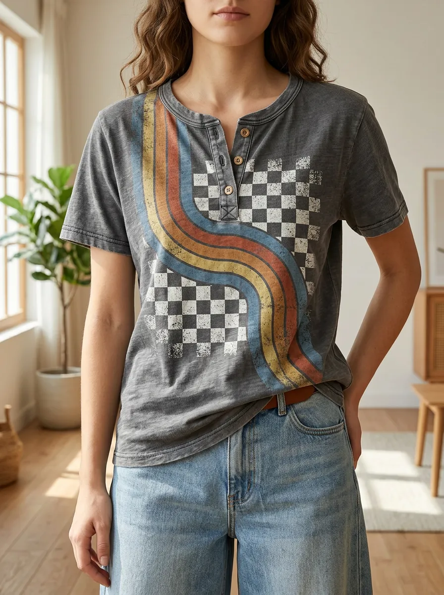Women's Retro Checkerboard Rainbow Striped Printed Henley T-shirt