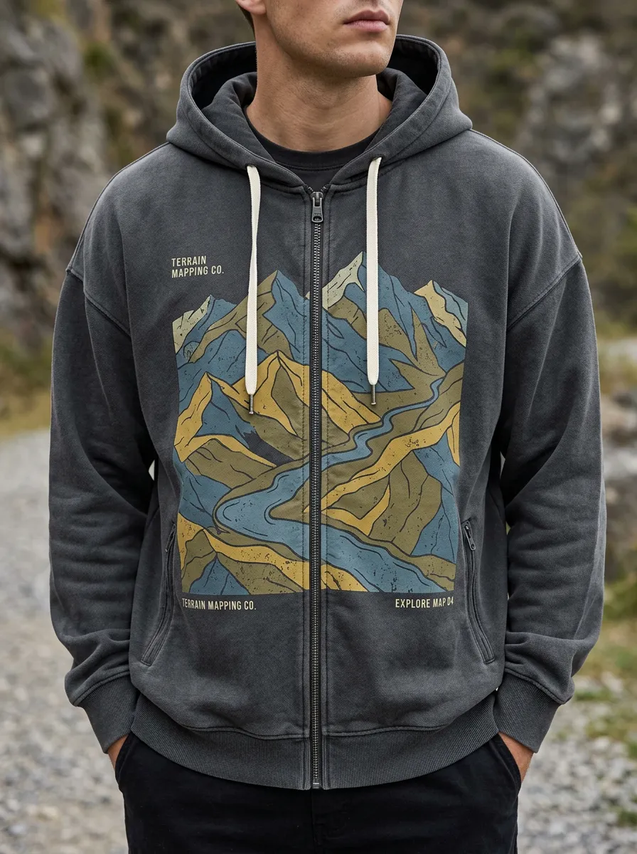Men's Outdoor Hiking Lover Mountain Terrain Printed Zip Hoodie