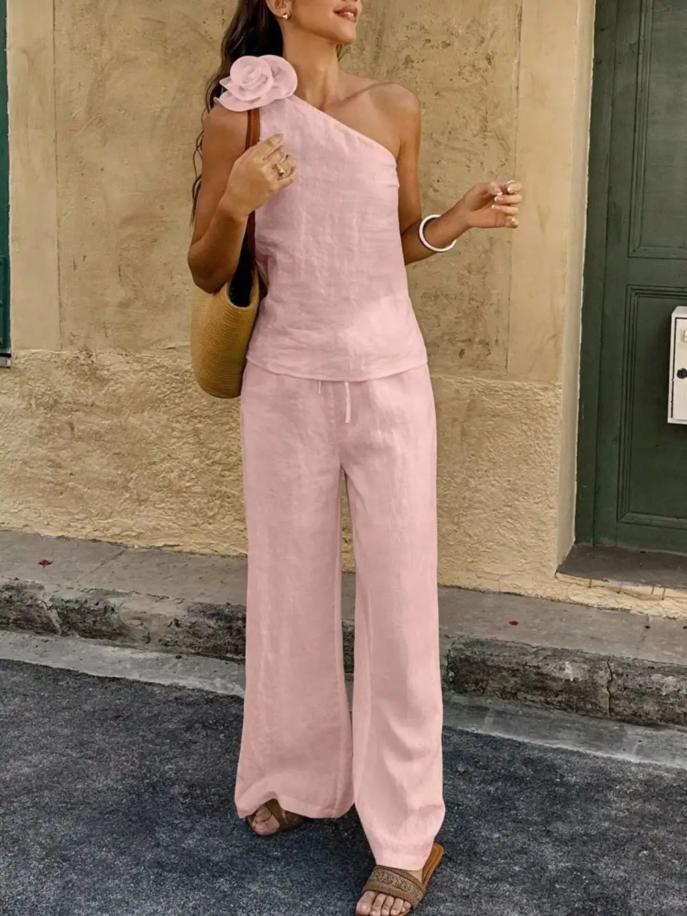 One Shoulder Floral Embellished Top and Pants Set