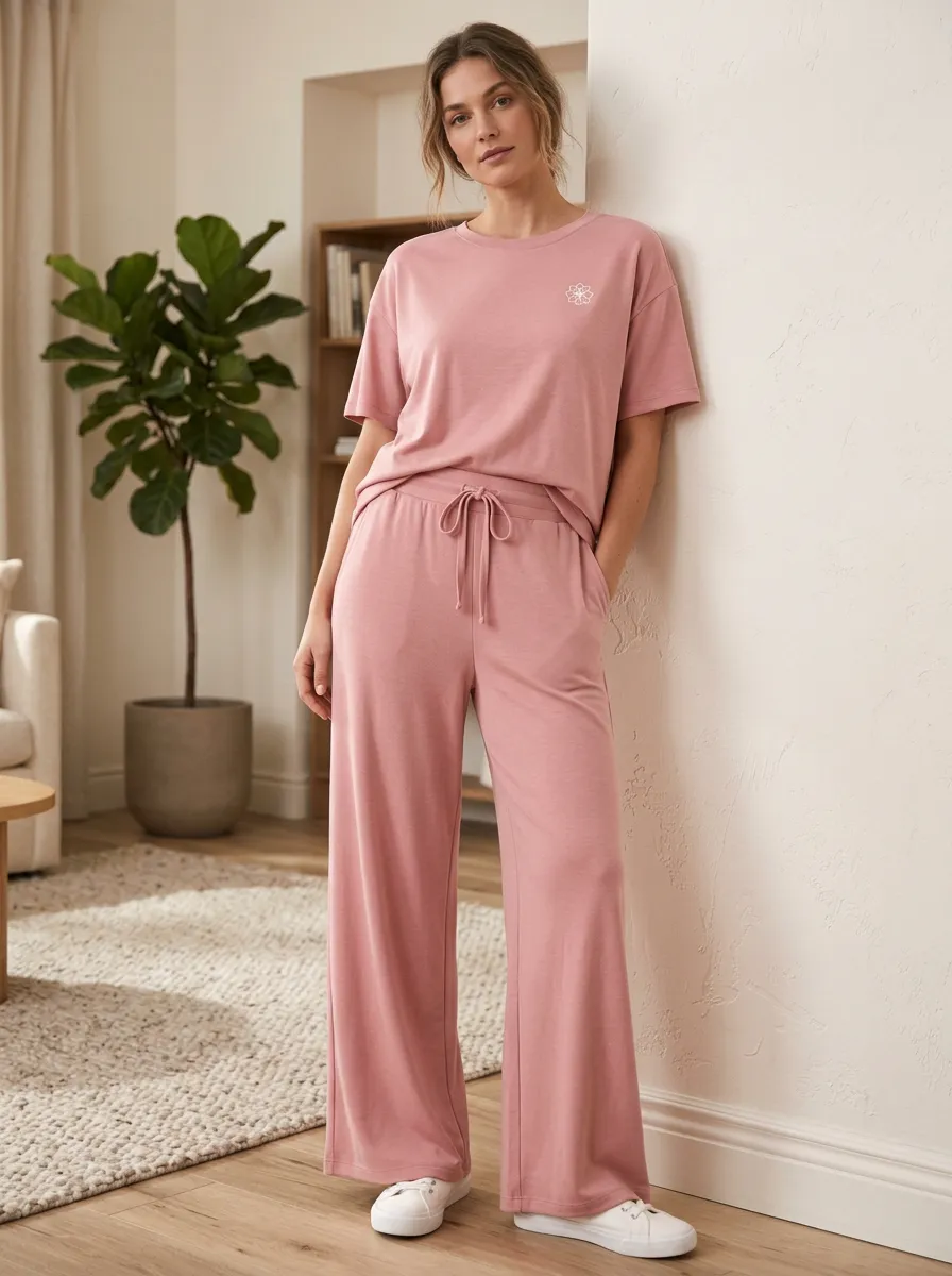 Active Floral Wide Leg Design Women's T-Shirt and Wide Leg Lounge Set