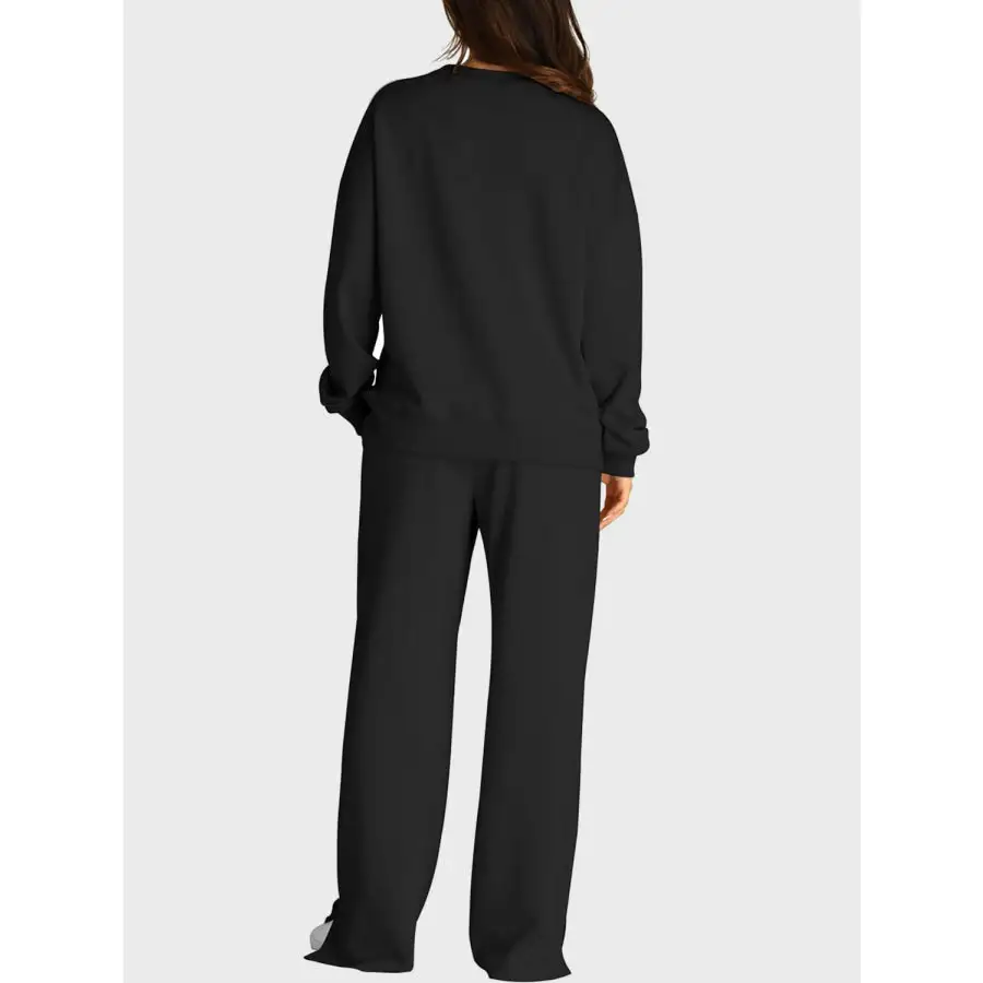 Round Neck Long Sleeve Top and Slit Pants Set